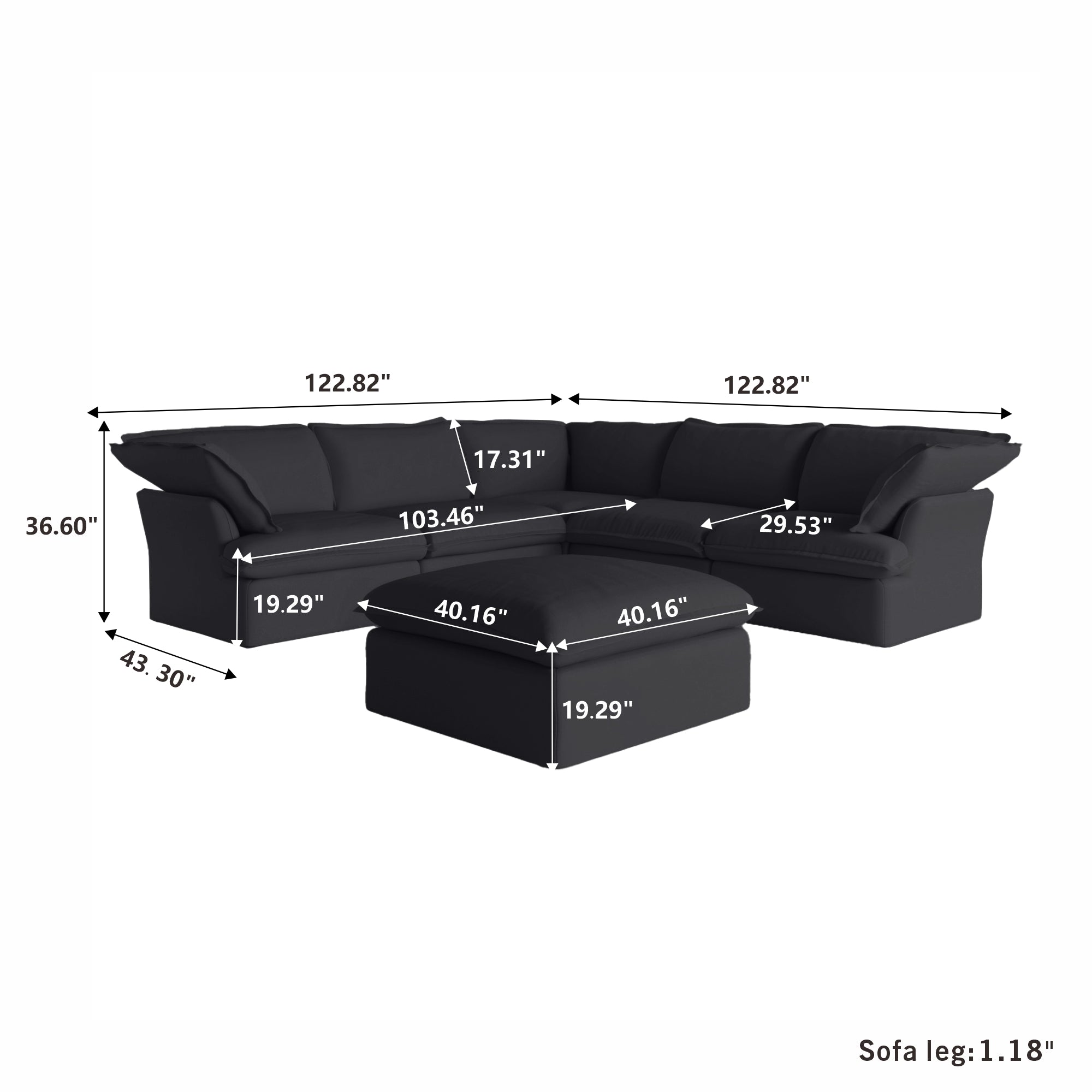 DOMUS Luxe Modular 5-Seater Corner Sectional + Ottoman in Black