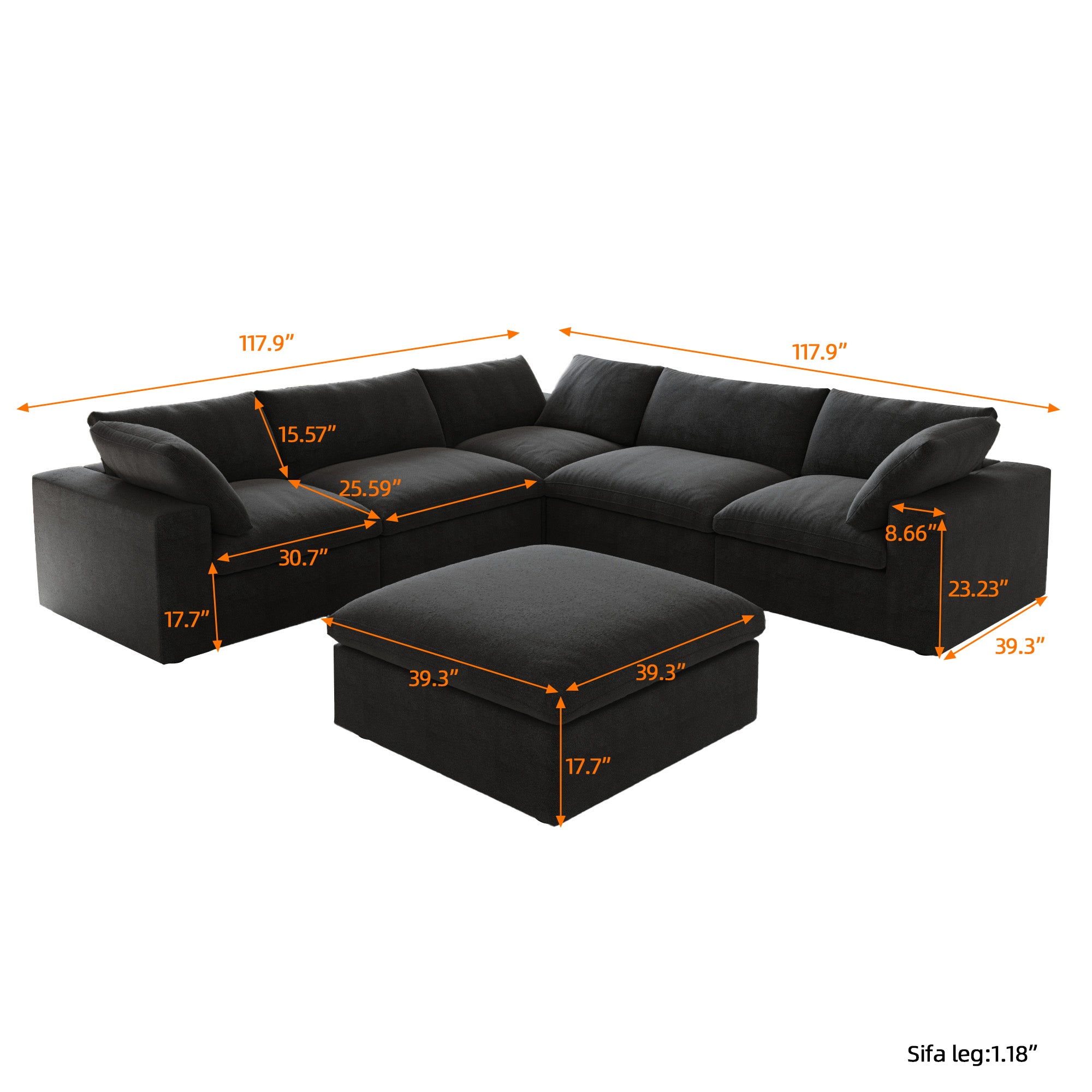 DOMUS Classic Modular 5-Seater Corner Sectional + Ottoman in Black