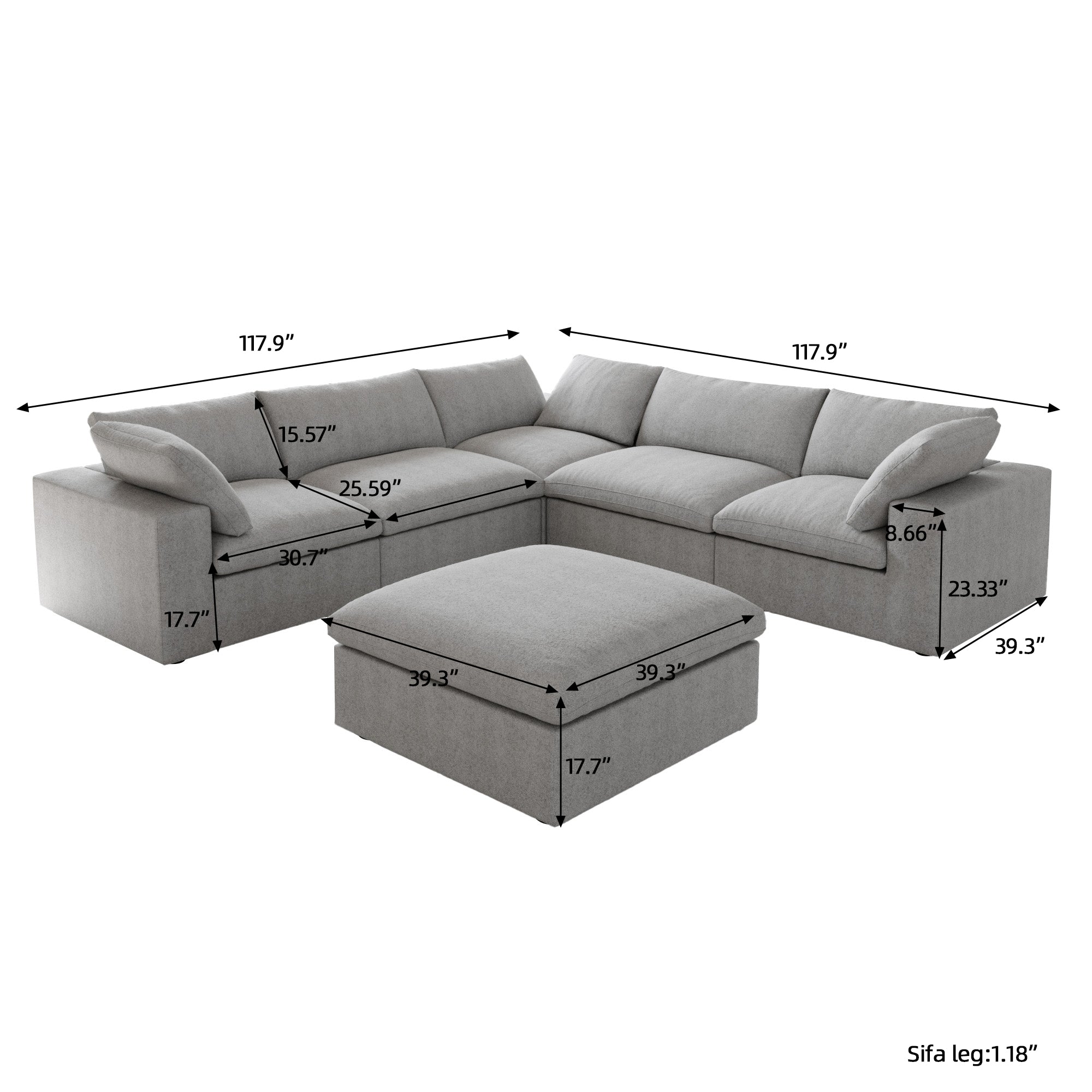 DOMUS Classic Modular 5-Seater Corner Sectional + Ottoman in Gray